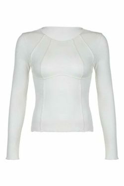 Coquette Aesthetic Solid Rib Knit Long Sleeve Top - Y2K Fashion Women's Clothing