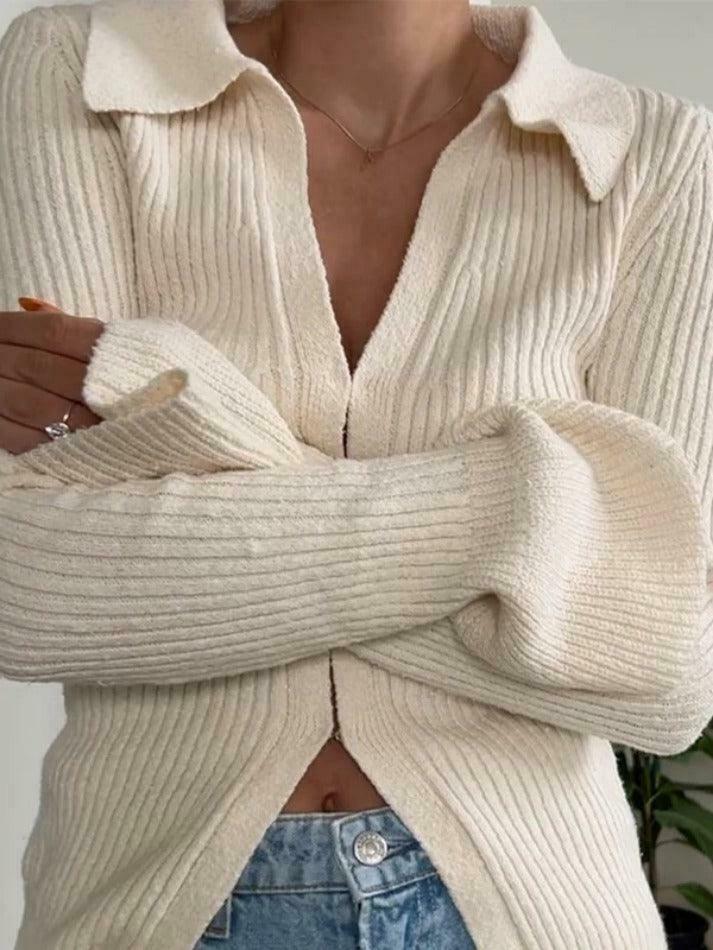 Coquette Aesthetic Solid Rib V Neck Flare Sleeve Cardigan - Y2K Fashion Women's Clothing