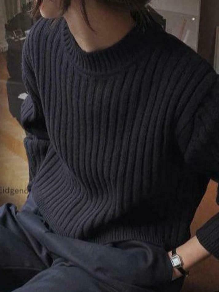 Coquette Aesthetic Solid Ribbed Crew Neck Short Knit Sweater - Y2K Fashion Women's Clothing