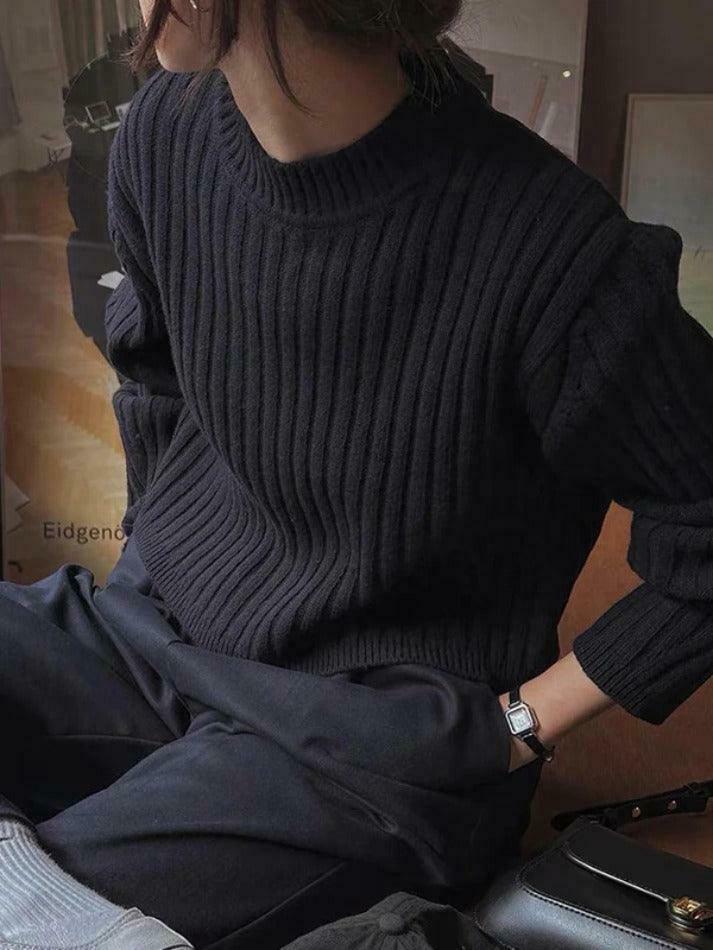Coquette Aesthetic Solid Ribbed Crew Neck Short Knit Sweater - Y2K Fashion Women's Clothing