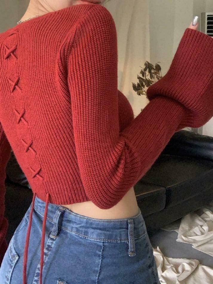 Coquette Aesthetic Solid Square Neck Tie Back Trumpet Sleeve Sweater