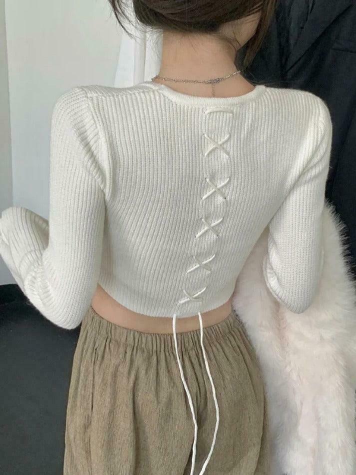 Coquette Aesthetic Solid Square Neck Tie Back Trumpet Sleeve Sweater