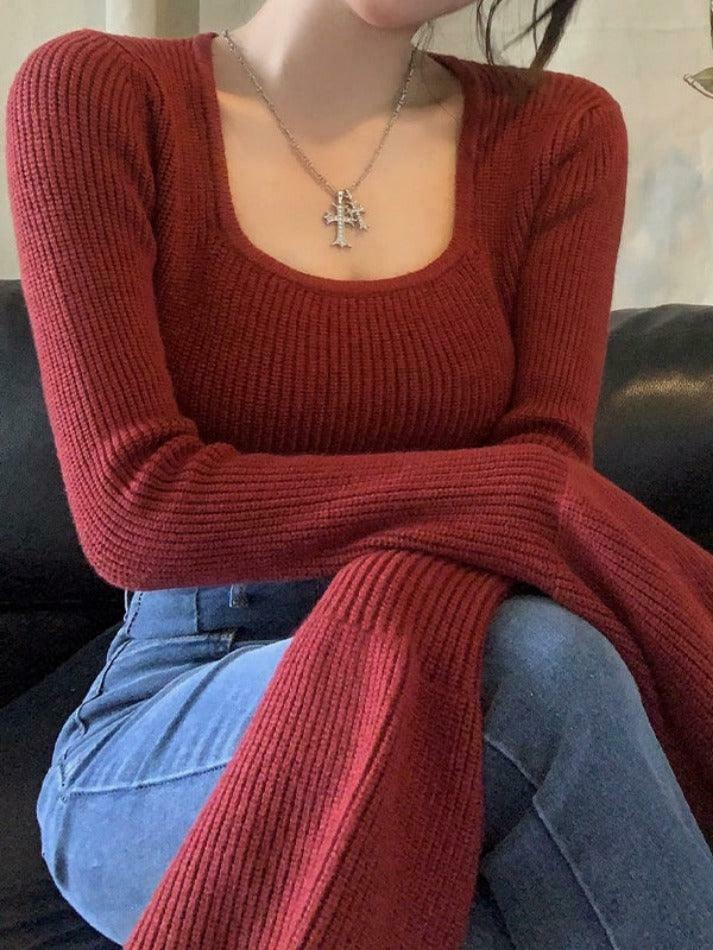 Coquette Aesthetic Solid Square Neck Tie Back Trumpet Sleeve Sweater
