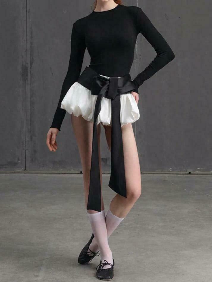 Coquette Aesthetic Solid Tie Back Long Sleeve Tee & Bud Skirt Set