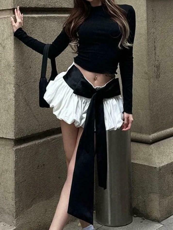 Coquette Aesthetic Solid Tie Back Long Sleeve Tee & Bud Skirt Set