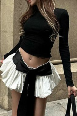 Coquette Aesthetic Solid Tie Back Long Sleeve Tee & Bud Skirt Set