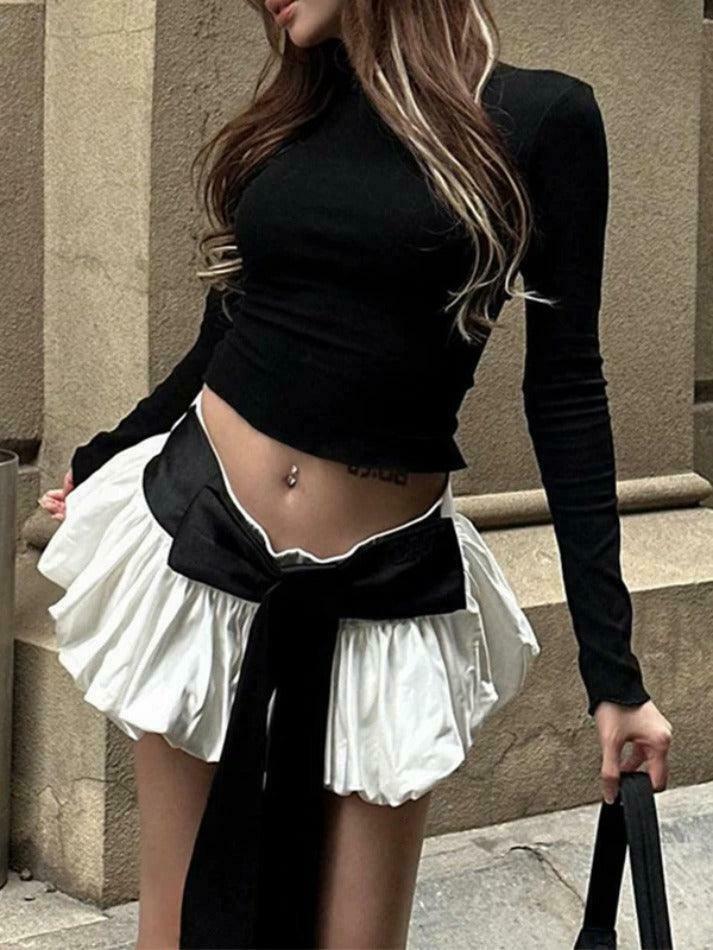 Coquette Aesthetic Solid Tie Back Long Sleeve Tee & Bud Skirt Set