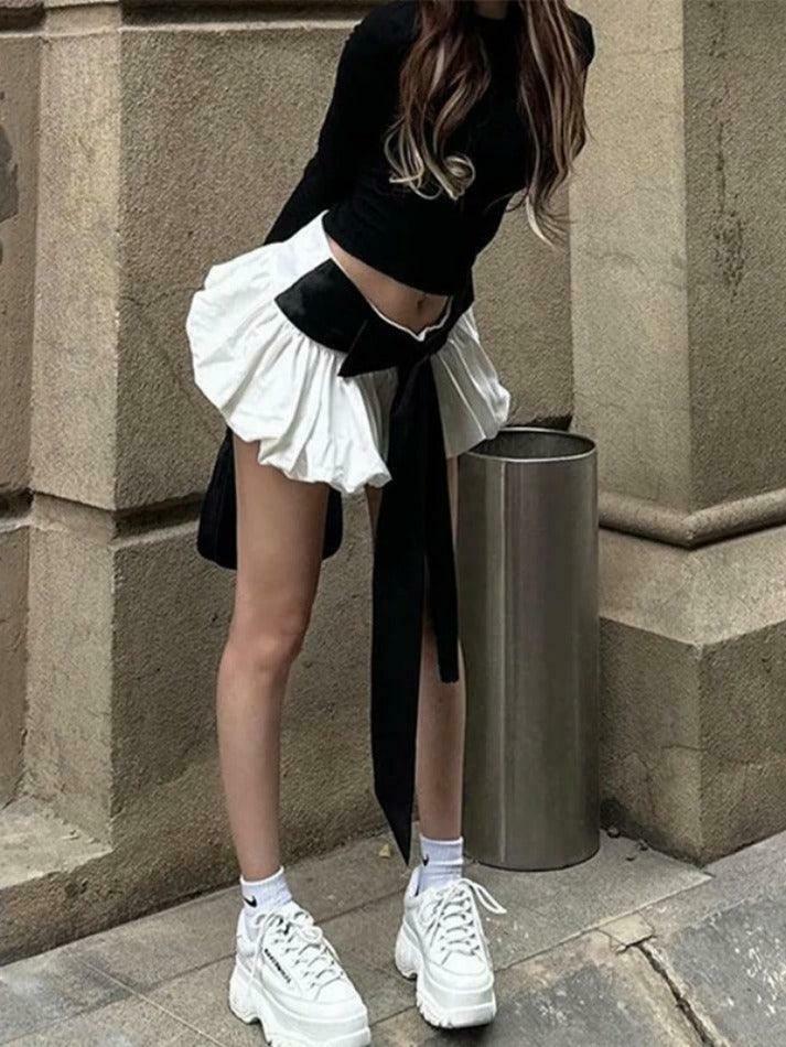 Coquette Aesthetic Solid Tie Back Long Sleeve Tee & Bud Skirt Set