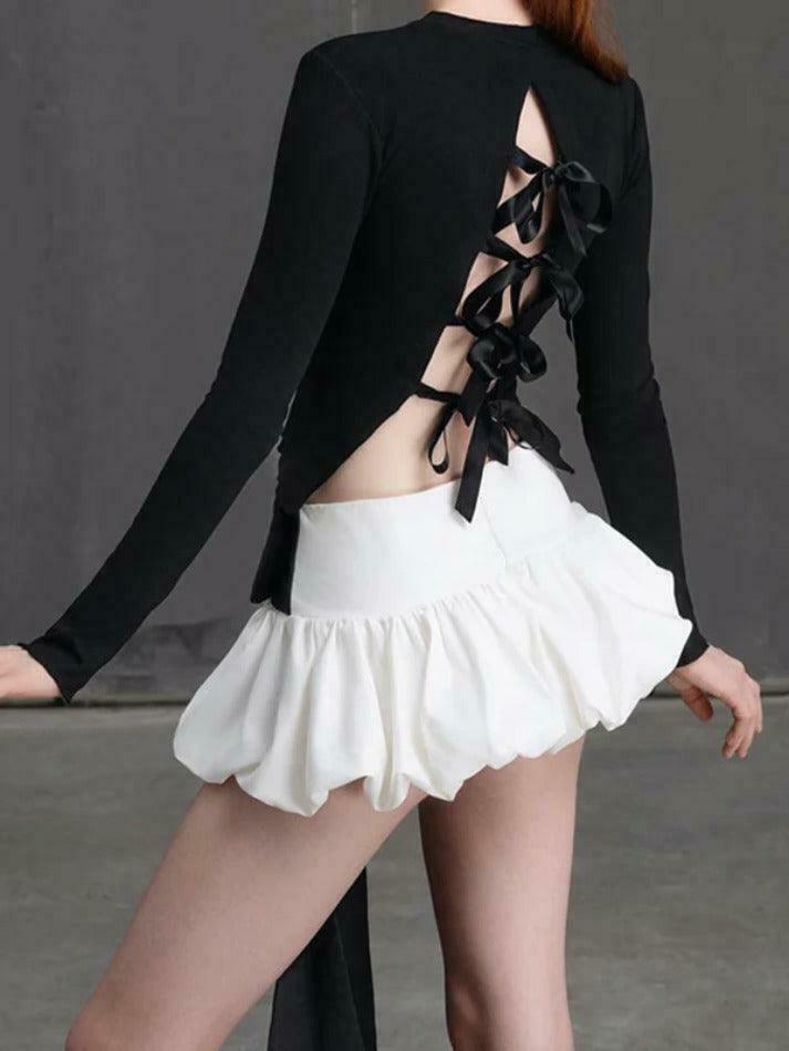 Coquette Aesthetic Solid Tie Back Long Sleeve Tee & Bud Skirt Set
