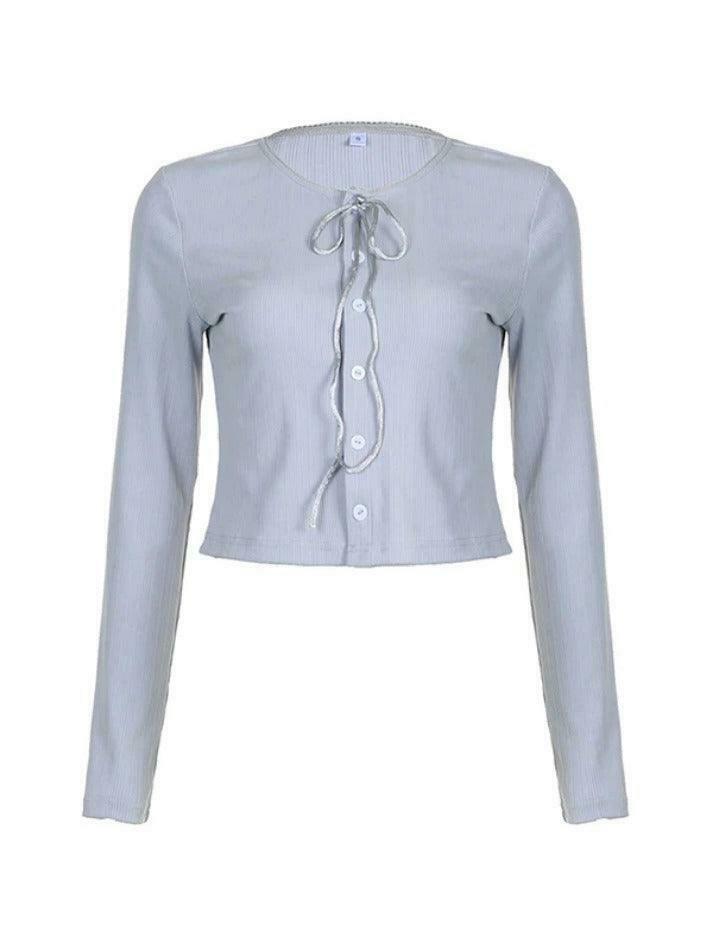 Coquette Aesthetic Solid Tie Front Bow Long Sleeve Knit Top