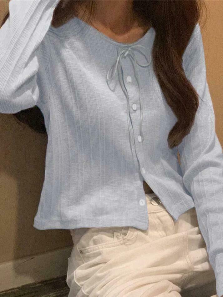Coquette Aesthetic Solid Tie Front Bow Long Sleeve Knit Top