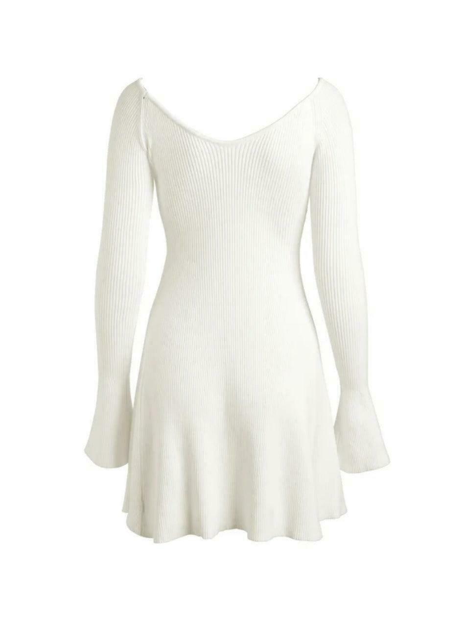 Coquette Aesthetic Solid V-Neck Ribbed Knit Mini Dress for Women's Y2K Fashion