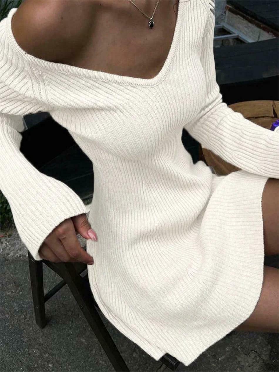 Coquette Aesthetic Solid V-Neck Ribbed Knit Mini Dress for Women's Y2K Fashion