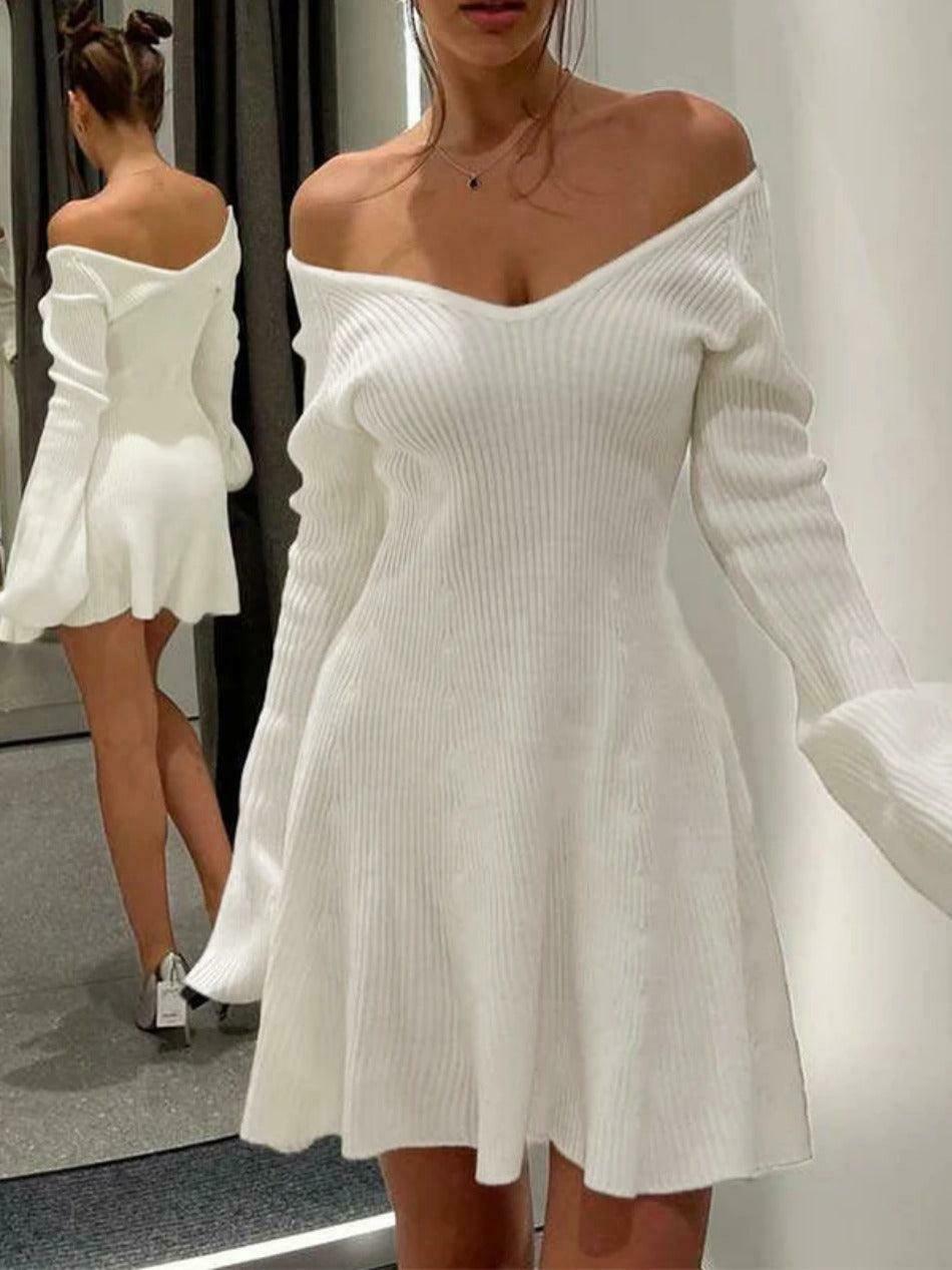 Coquette Aesthetic Solid V-Neck Ribbed Knit Mini Dress for Women's Y2K Fashion