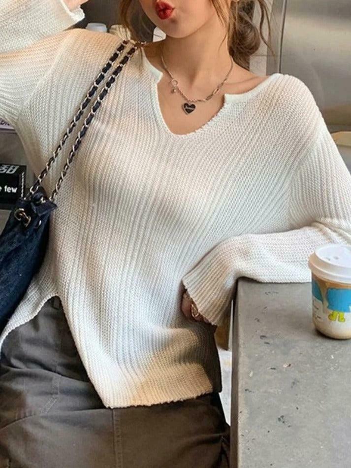 Coquette Aesthetic Solid V-Neck Slit Thin Long Sleeve Knit Sweater