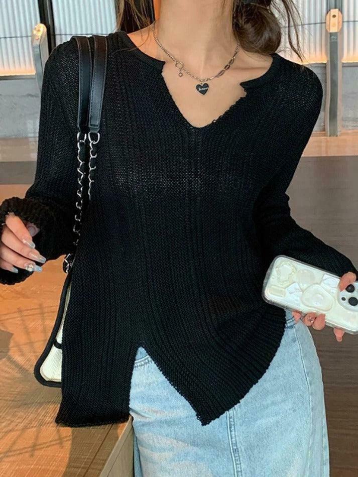 Coquette Aesthetic Solid V-Neck Slit Thin Long Sleeve Knit Sweater