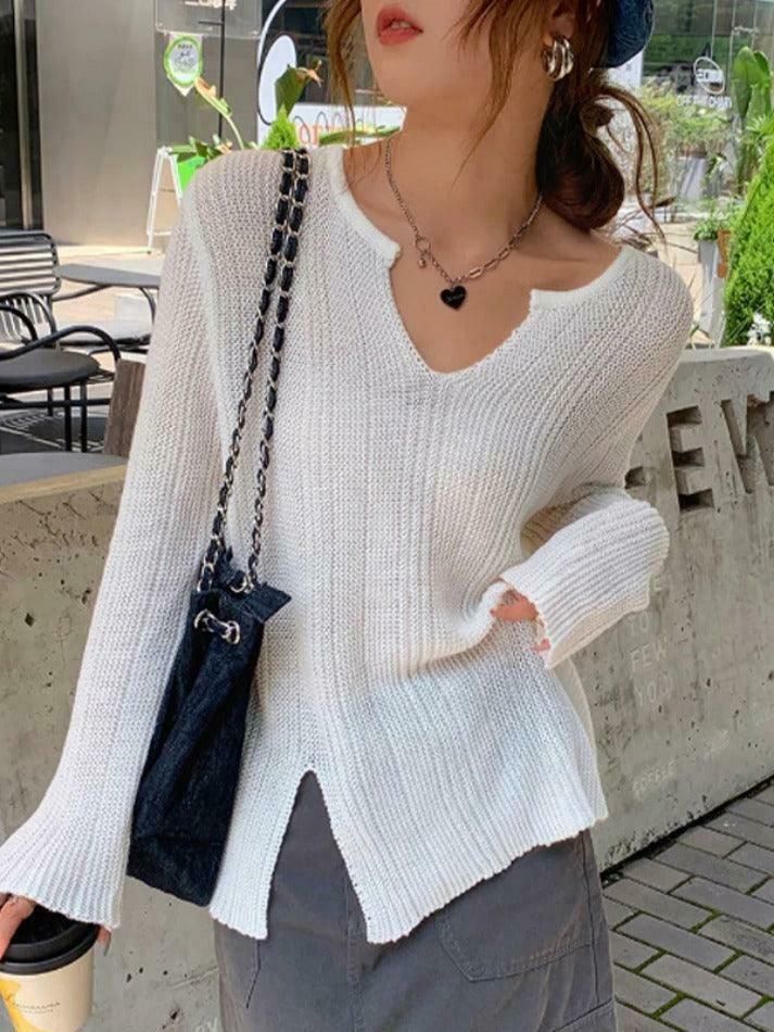 Coquette Aesthetic Solid V-Neck Slit Thin Long Sleeve Knit Sweater