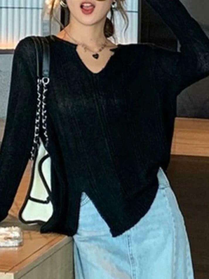 Coquette Aesthetic Solid V-Neck Slit Thin Long Sleeve Knit Sweater