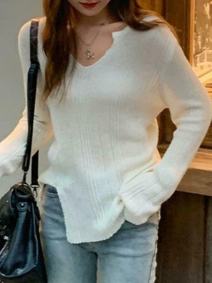 Coquette Aesthetic Solid V-Neck Slit Thin Long Sleeve Knit Sweater