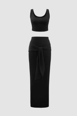 Coquette Aesthetic Square Neck Tank Top and Knotted Skirt Set