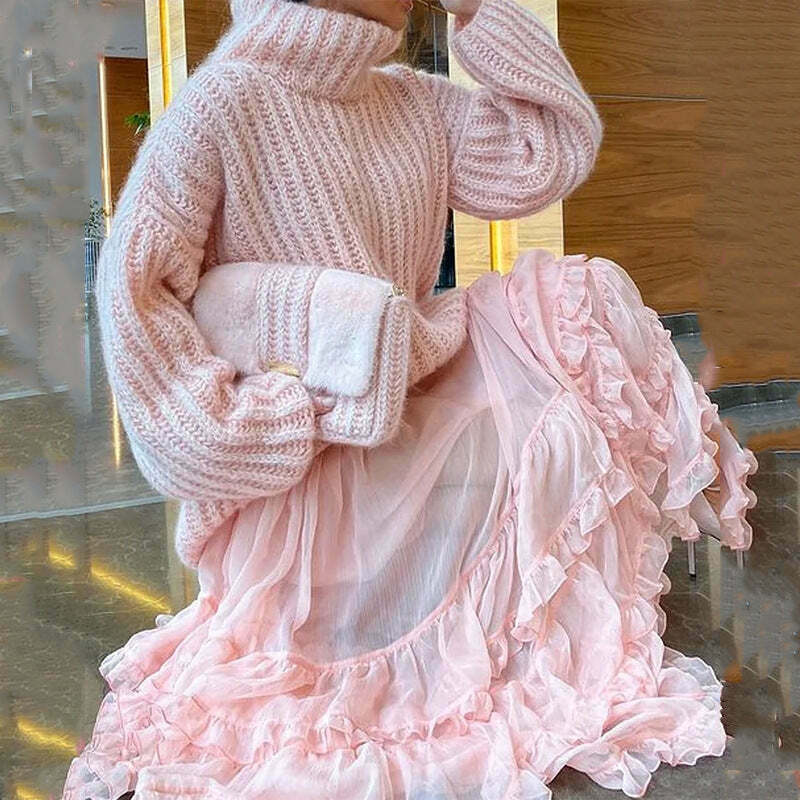 Coquette Aesthetic Stand-Up Collar Sweater Dress - Y2K Fashion, Grunge Style, Cute Tops, Pastel Goth