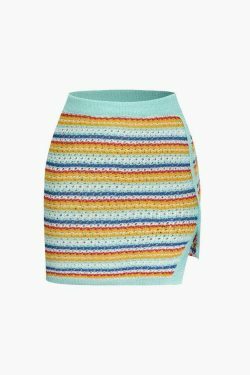 Coquette Aesthetic Stripe Knit Crop Top & Slit Mini Skirt Set