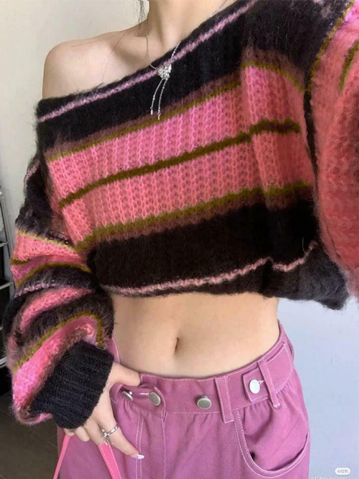 Coquette Aesthetic Stripe Splice Short Sweater - Y2K Fashion Women's Clothing