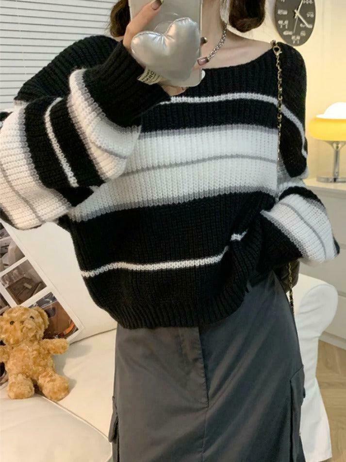 Coquette Aesthetic Stripe Splice Short Sweater - Y2K Fashion Women's Clothing