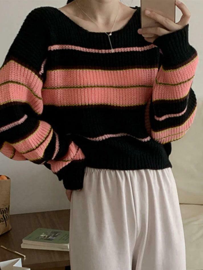 Coquette Aesthetic Stripe Splice Short Sweater - Y2K Fashion Women's Clothing