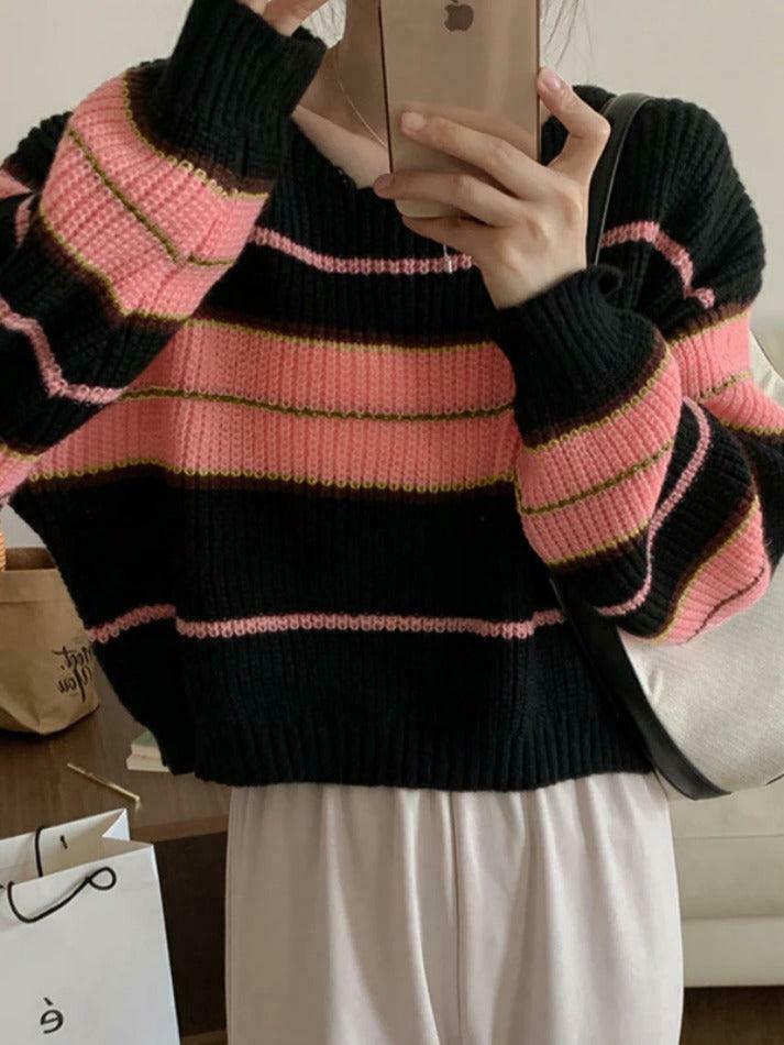 Coquette Aesthetic Stripe Splice Short Sweater - Y2K Fashion Women's Clothing