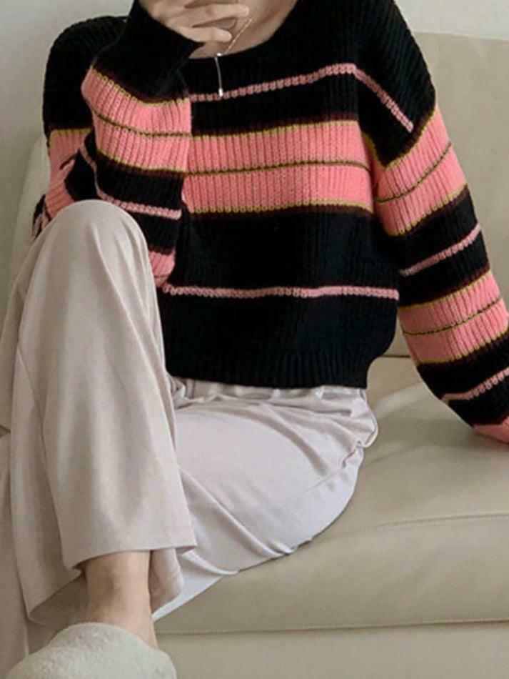 Coquette Aesthetic Stripe Splice Short Sweater - Y2K Fashion Women's Clothing