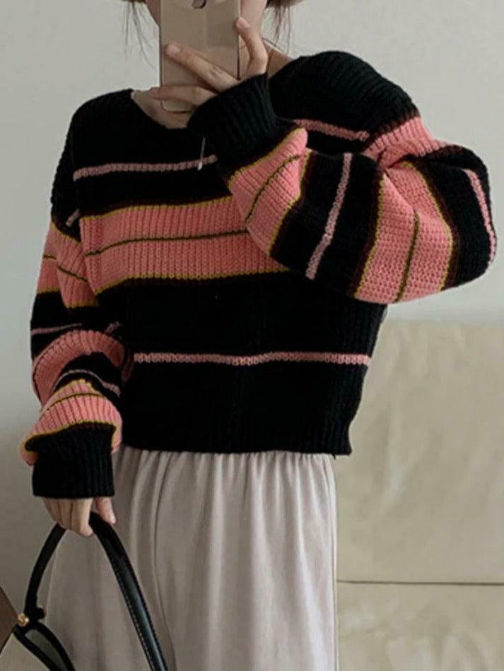 Coquette Aesthetic Stripe Splice Short Sweater - Y2K Fashion Women's Clothing