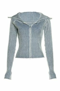 Coquette Aesthetic Stripe Zipper Cardigan: Y2K Fashion - Grunge Style, Cute Tops, Pastel Goth