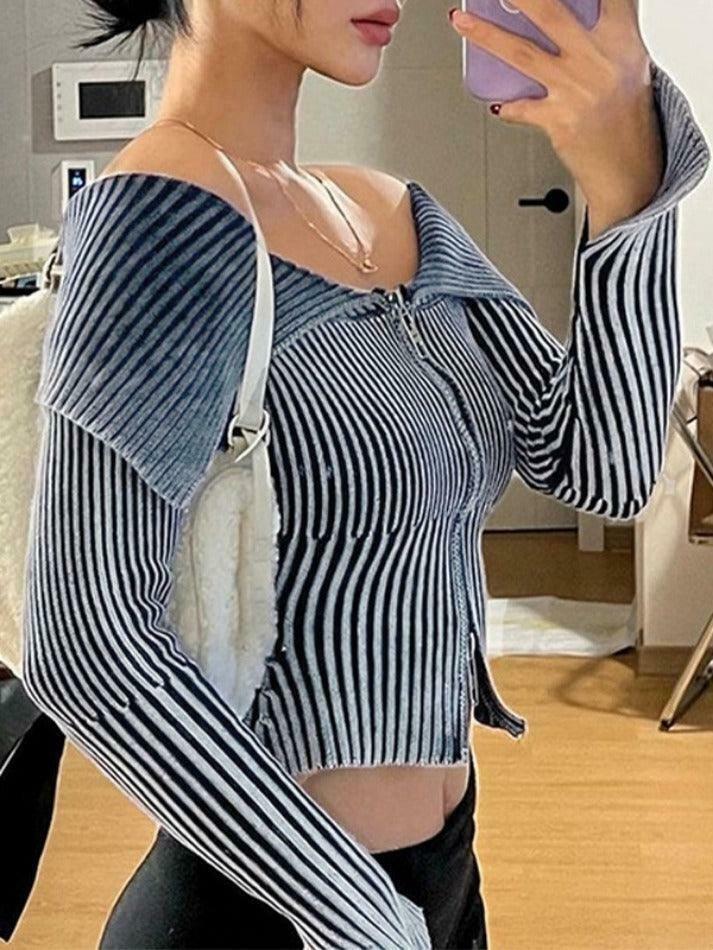 Coquette Aesthetic Stripe Zipper Cardigan: Y2K Fashion - Grunge Style, Cute Tops, Pastel Goth