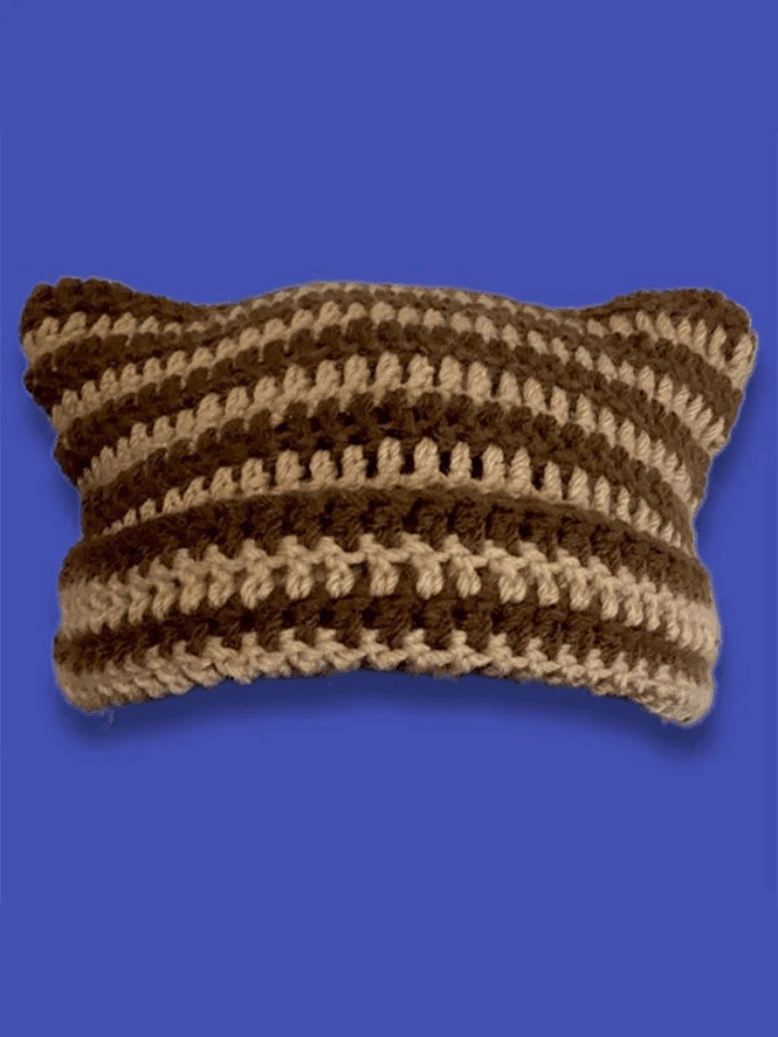 Coquette Aesthetic Striped Knit Hat with Handmade Horn Detail