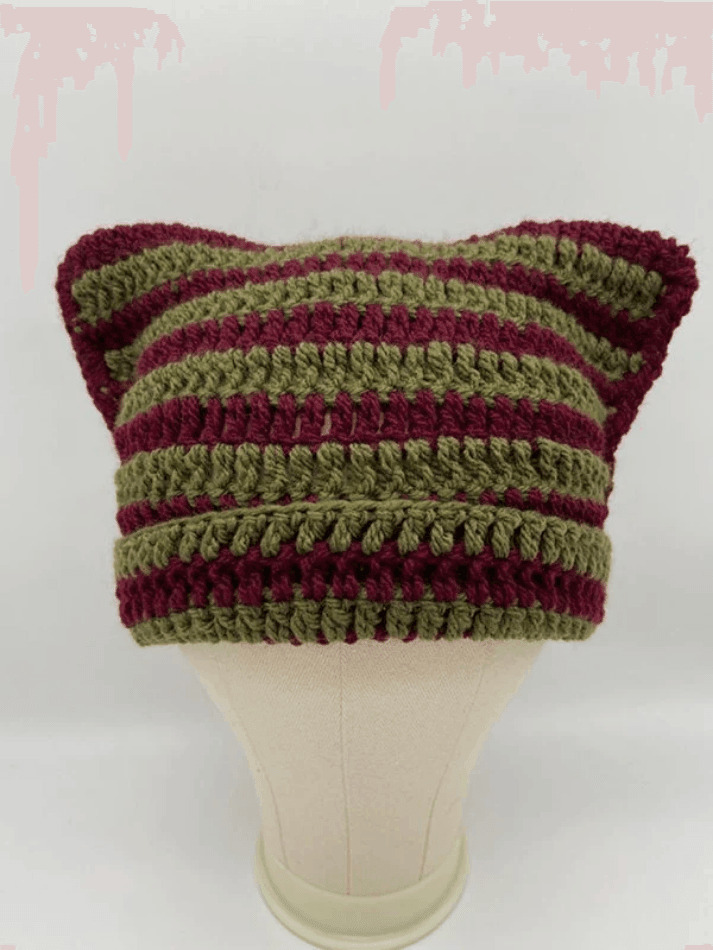 Coquette Aesthetic Striped Knit Hat with Handmade Horn Detail