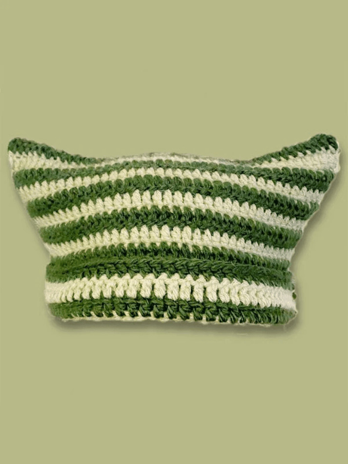Coquette Aesthetic Striped Knit Hat with Handmade Horn Detail