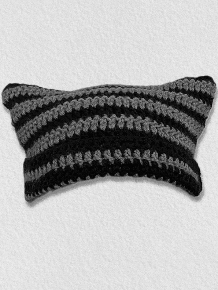 Coquette Aesthetic Striped Knit Hat with Handmade Horn Detail