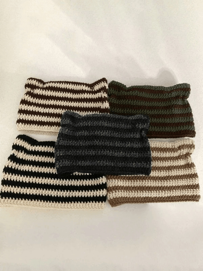 Coquette Aesthetic Striped Knit Hat with Handmade Horn Detail