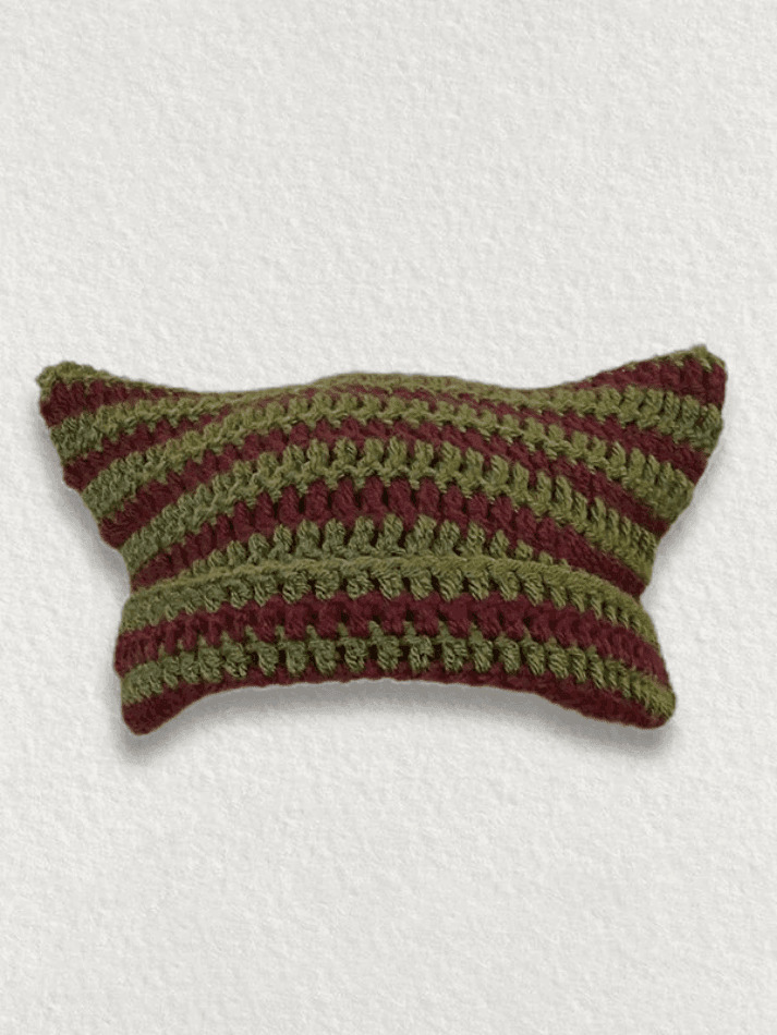 Coquette Aesthetic Striped Knit Hat with Handmade Horn Detail