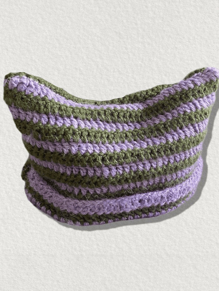 Coquette Aesthetic Striped Knit Hat with Handmade Horn Detail