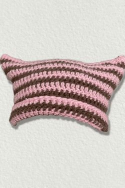 Coquette Aesthetic Striped Knit Hat with Handmade Horn Detail