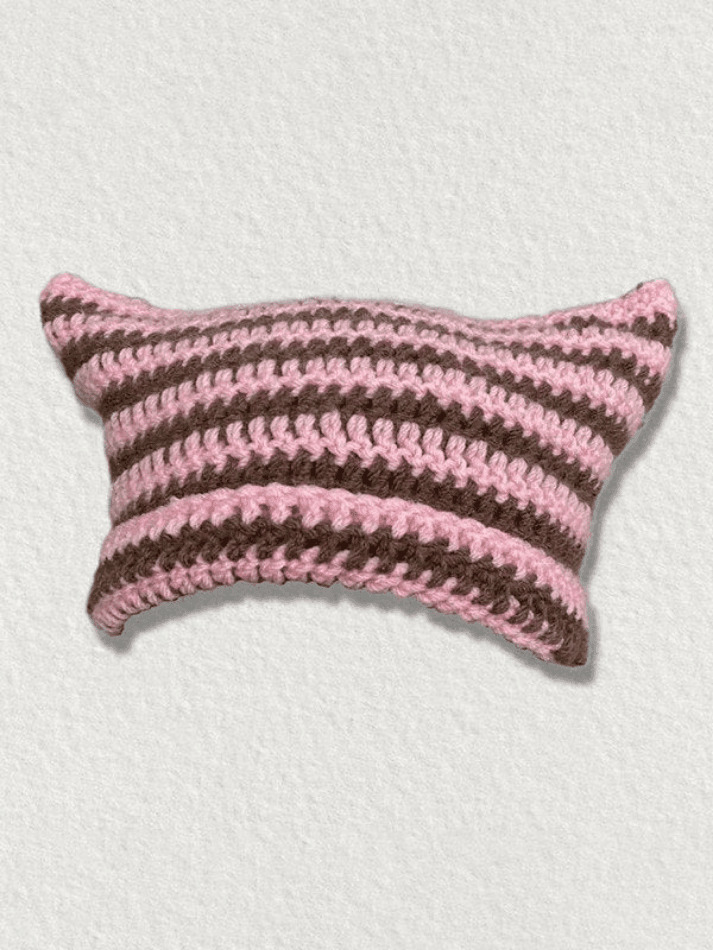 Coquette Aesthetic Striped Knit Hat with Handmade Horn Detail