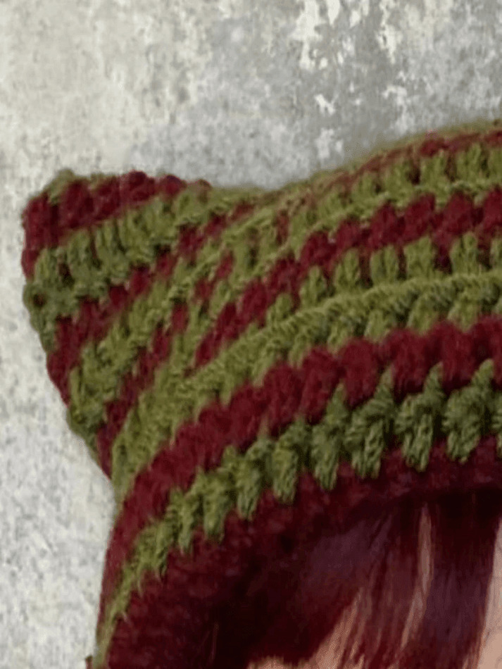 Coquette Aesthetic Striped Knit Hat with Handmade Horn Detail