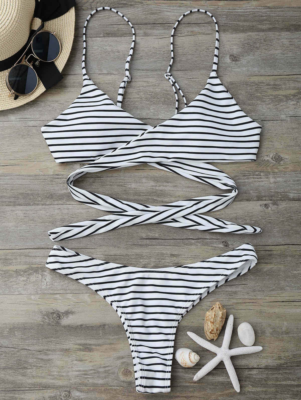 Coquette Aesthetic Striped Padded Wrap Bikini Set - Y2K Fashion Swimwear