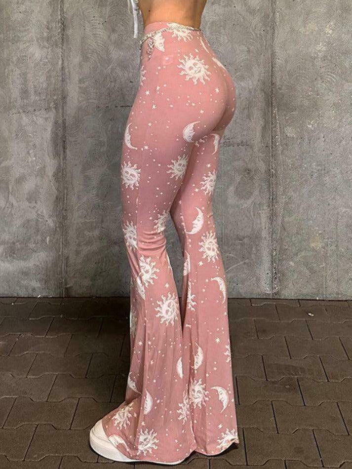 Coquette Aesthetic Sun Moon Print High Waist Flare Leg Pants