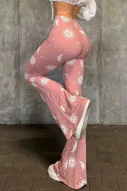 Coquette Aesthetic Sun Moon Print High Waist Flare Leg Pants