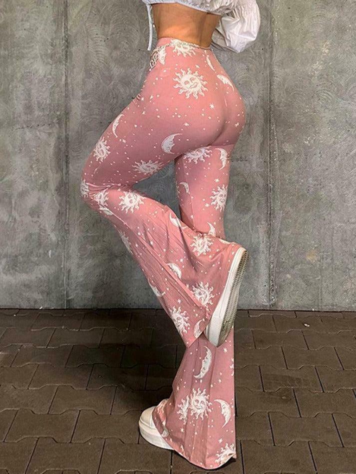 Coquette Aesthetic Sun Moon Print High Waist Flare Leg Pants