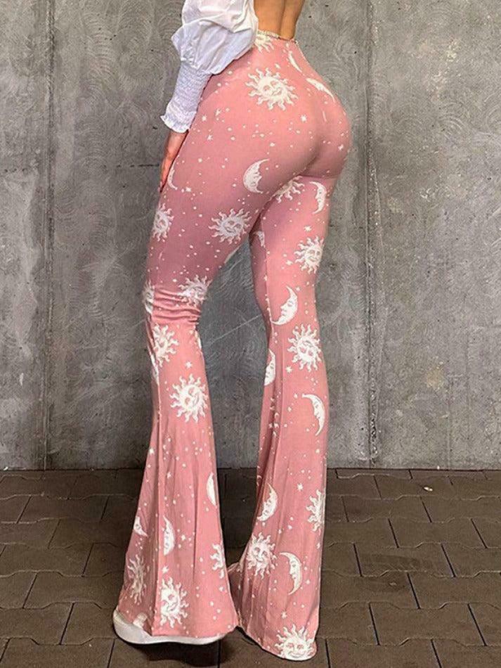 Coquette Aesthetic Sun Moon Print High Waist Flare Leg Pants
