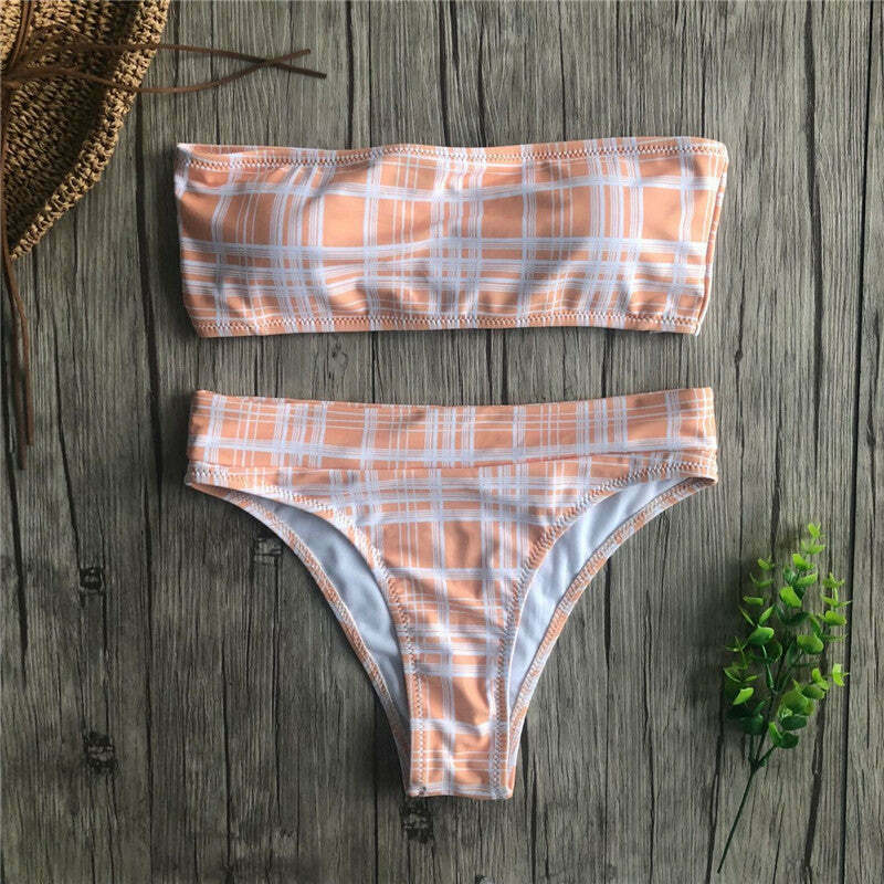 Coquette Aesthetic Tartan Bandeau Bikini Set - Y2K Fashion Swimwear